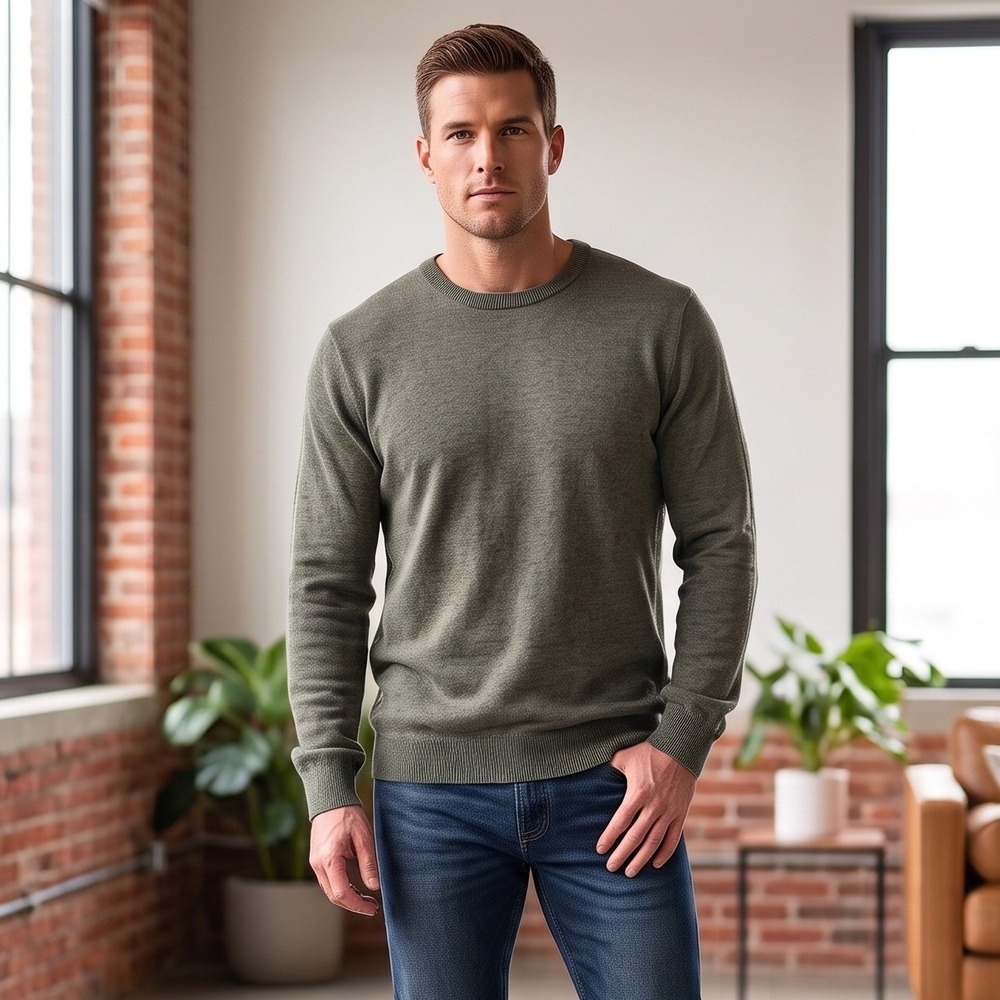 H&M Mens Large Olive Green Sweater Crewneck Cotton Long Sleeve Ribbed Knit